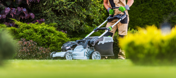 Landscaper using a push mower